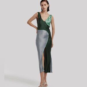 Lattelier Contemporary Deep V-Neck Silk Tank Dress in Emerald‎ Green Size Large